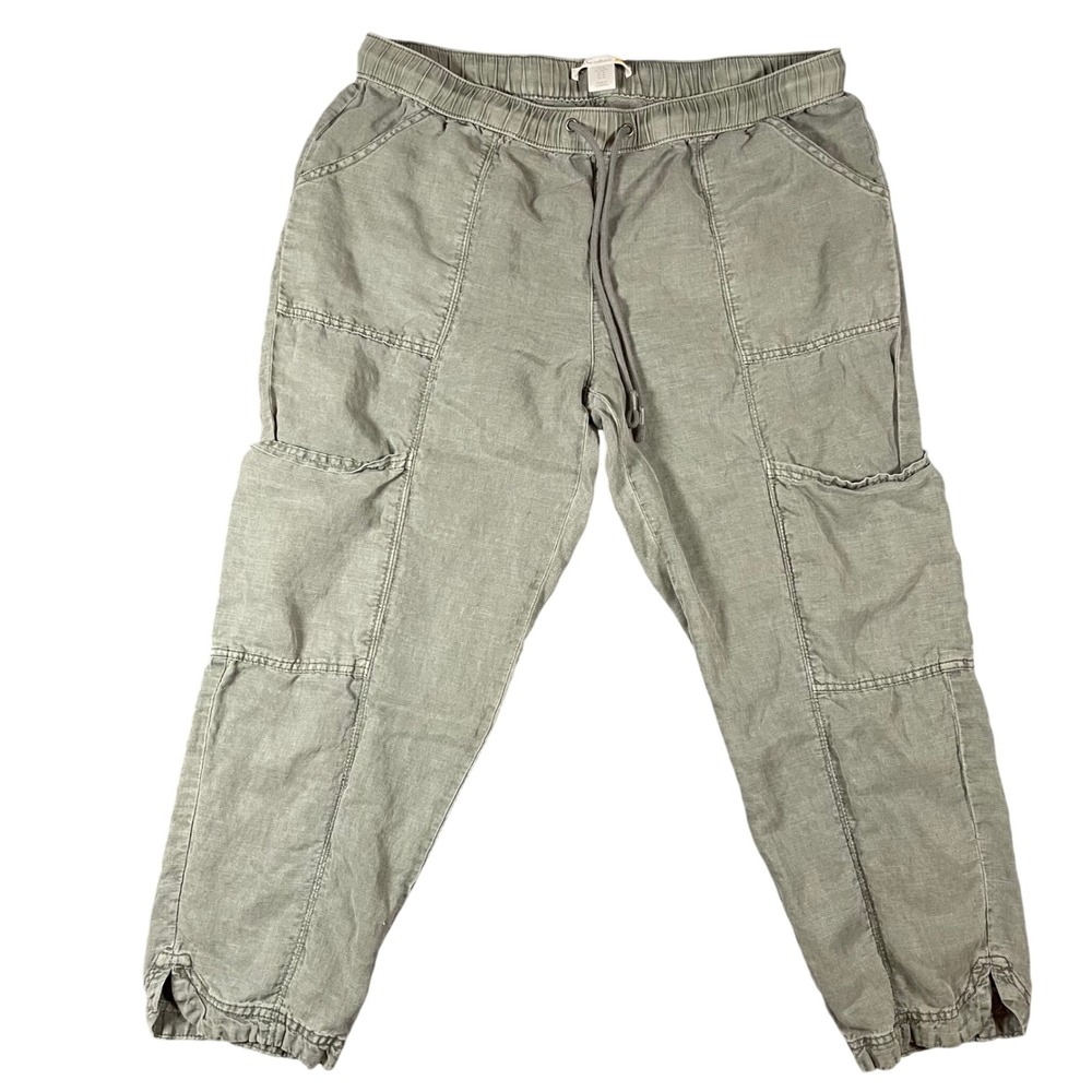 C&C California Women's Cargo Pants XL Linen Blend Crop Green Elastic Waist